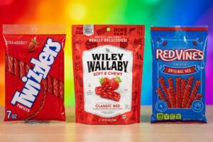 Red licorice taste test comparing Twizzlers Red Vines and Wiley Wallaby side by side