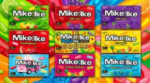 Multiple boxes of Mike and Ike candy flavors during a ranking and taste test review