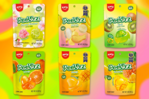 Peelerz gummy candy flavors arranged for a taste test ranking