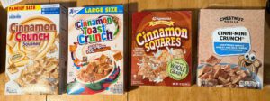 General Mills Cinnamon Toast Crunch, Wegmans Cinnamon Squares, Aldi Millville Cinnamon Crunch Squares, and Family Dollar Chestnut Hill Cinnamon Crunch cereals during a blind taste test.