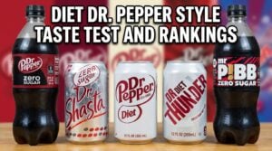 Five diet Dr Pepper style sodas lined up for a blind taste test including Diet Dr Pepper, Dr Pepper Zero, Mr Pibb Zero, Diet Dr Thunder, and Diet Dr Shasta.